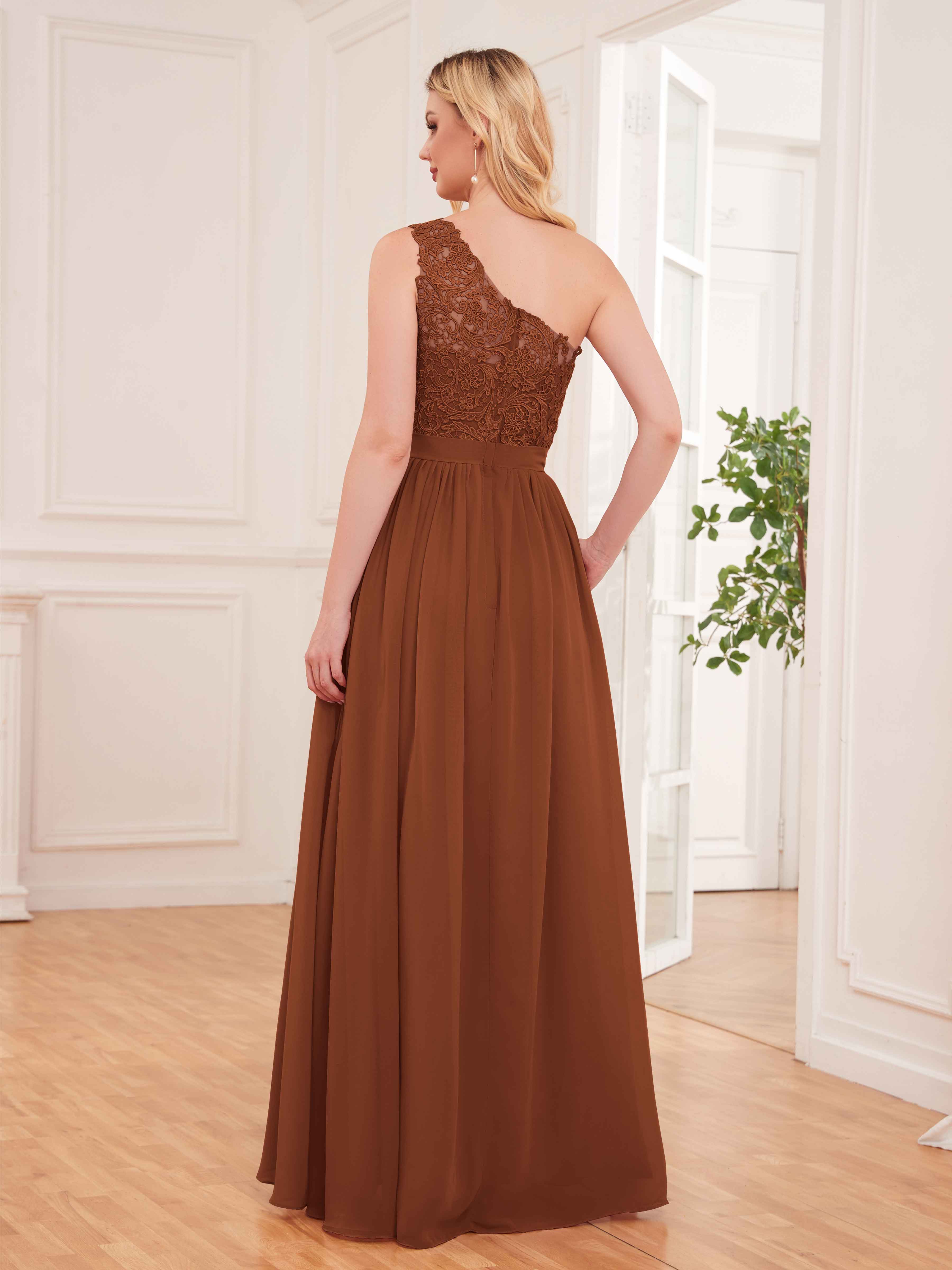 Long one shoulder outlet lace bridesmaid dress