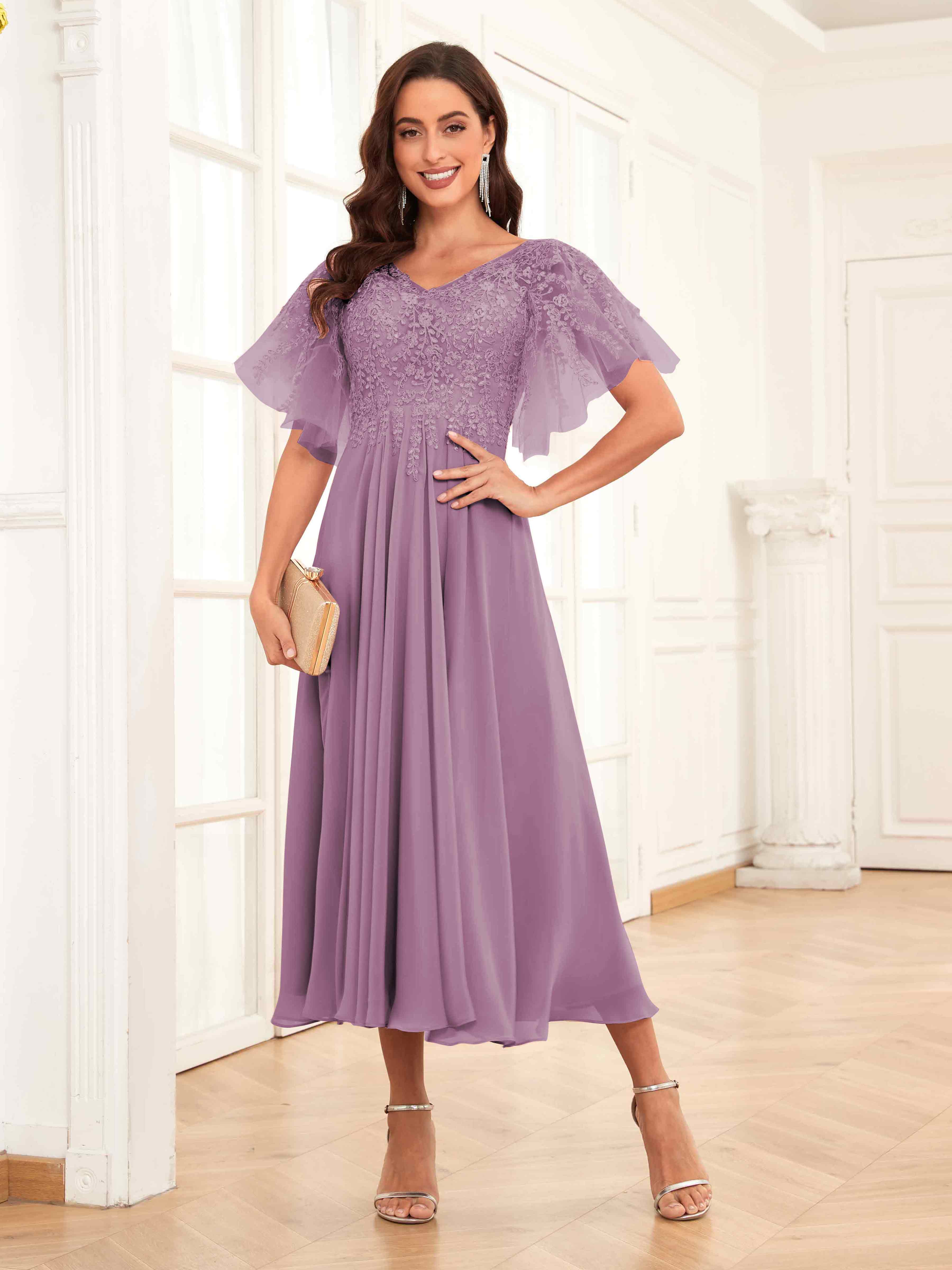 Daniela Unique Appliques Short Sleeves Tea Length Mother Of The Bride Dresses