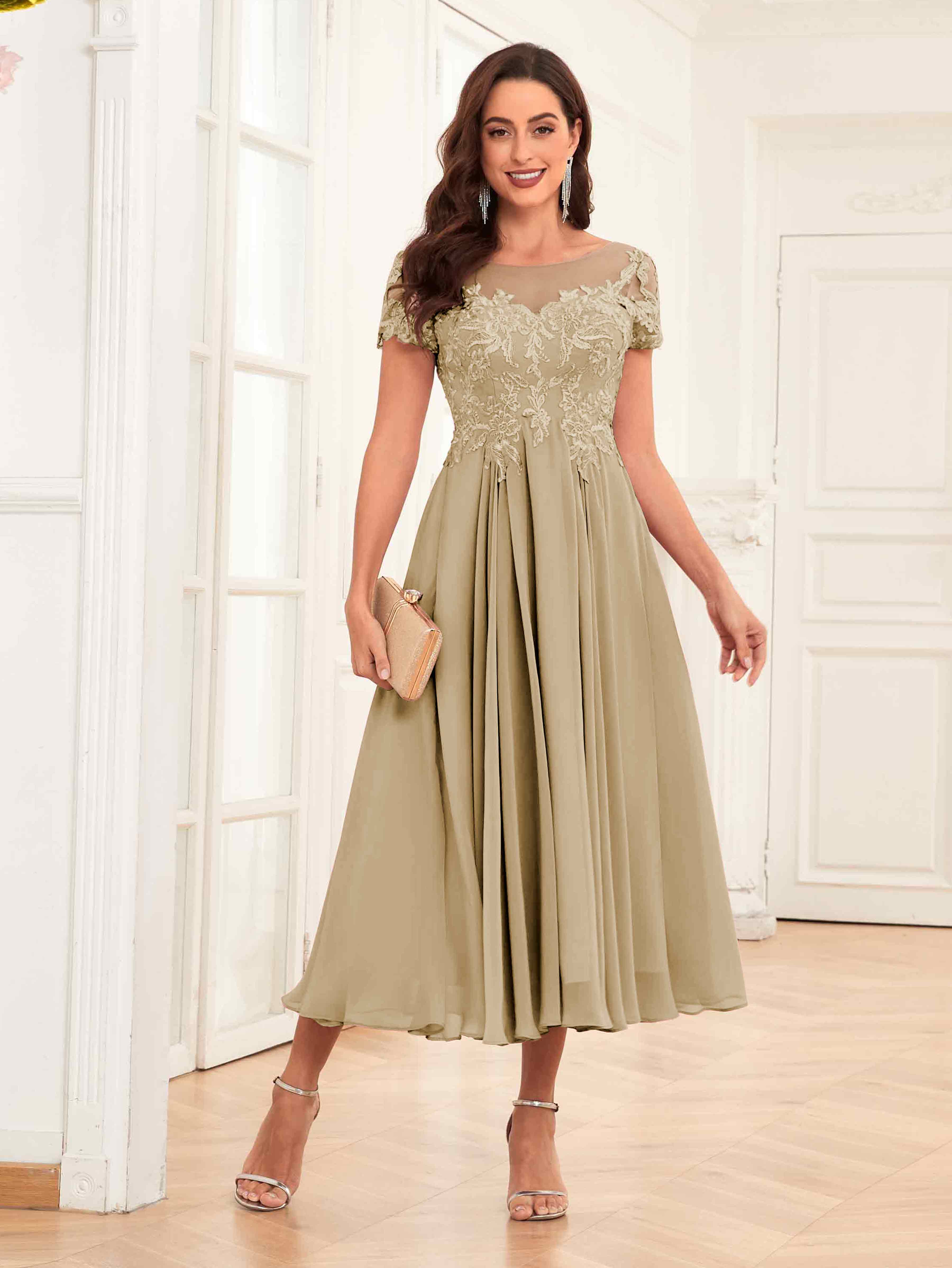 Delaney Chic Illusion Appliques Cap Sleeves Short Mother of the Bride