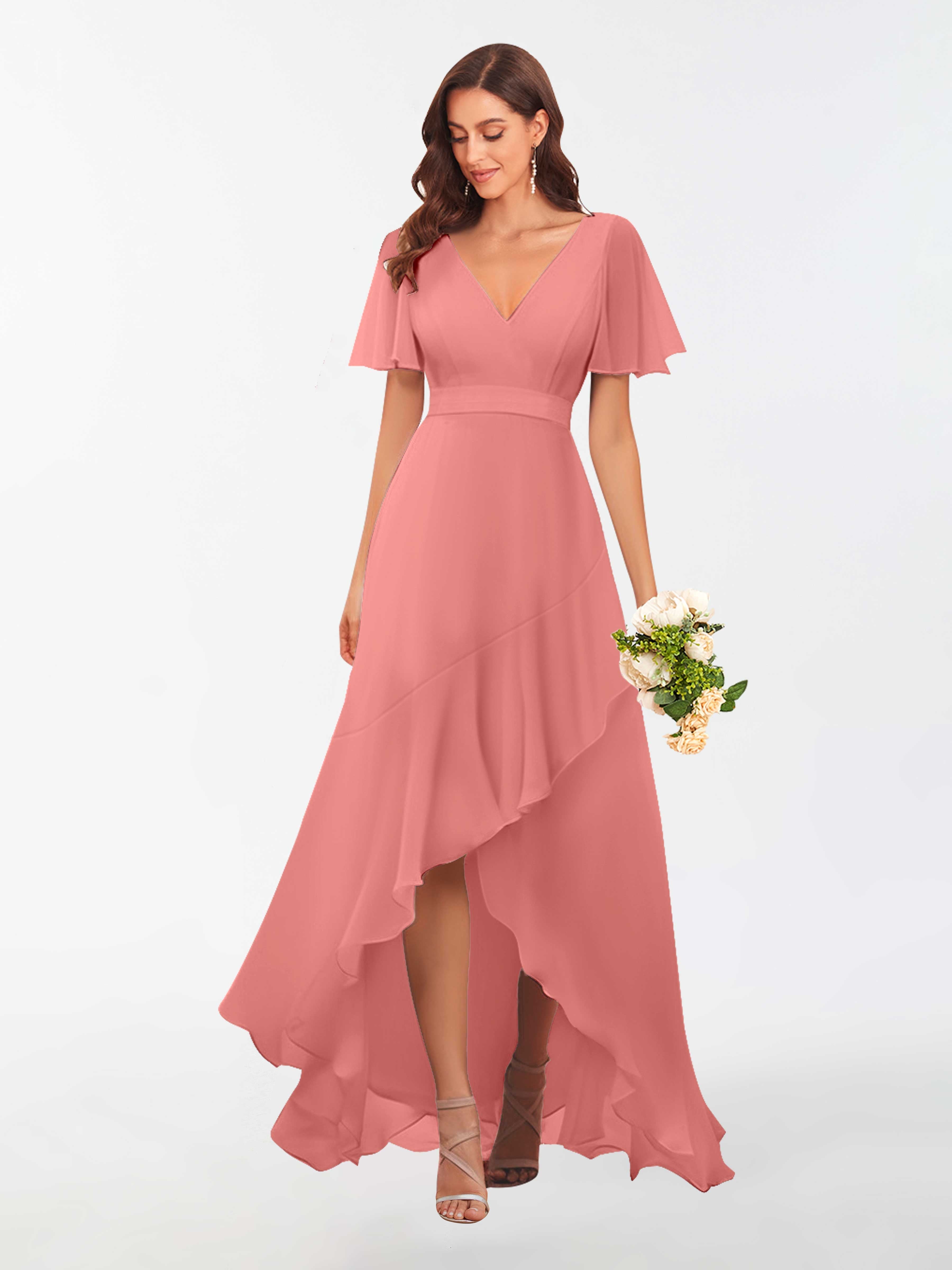 Short Coral Chiffon Bridesmaid Dresses