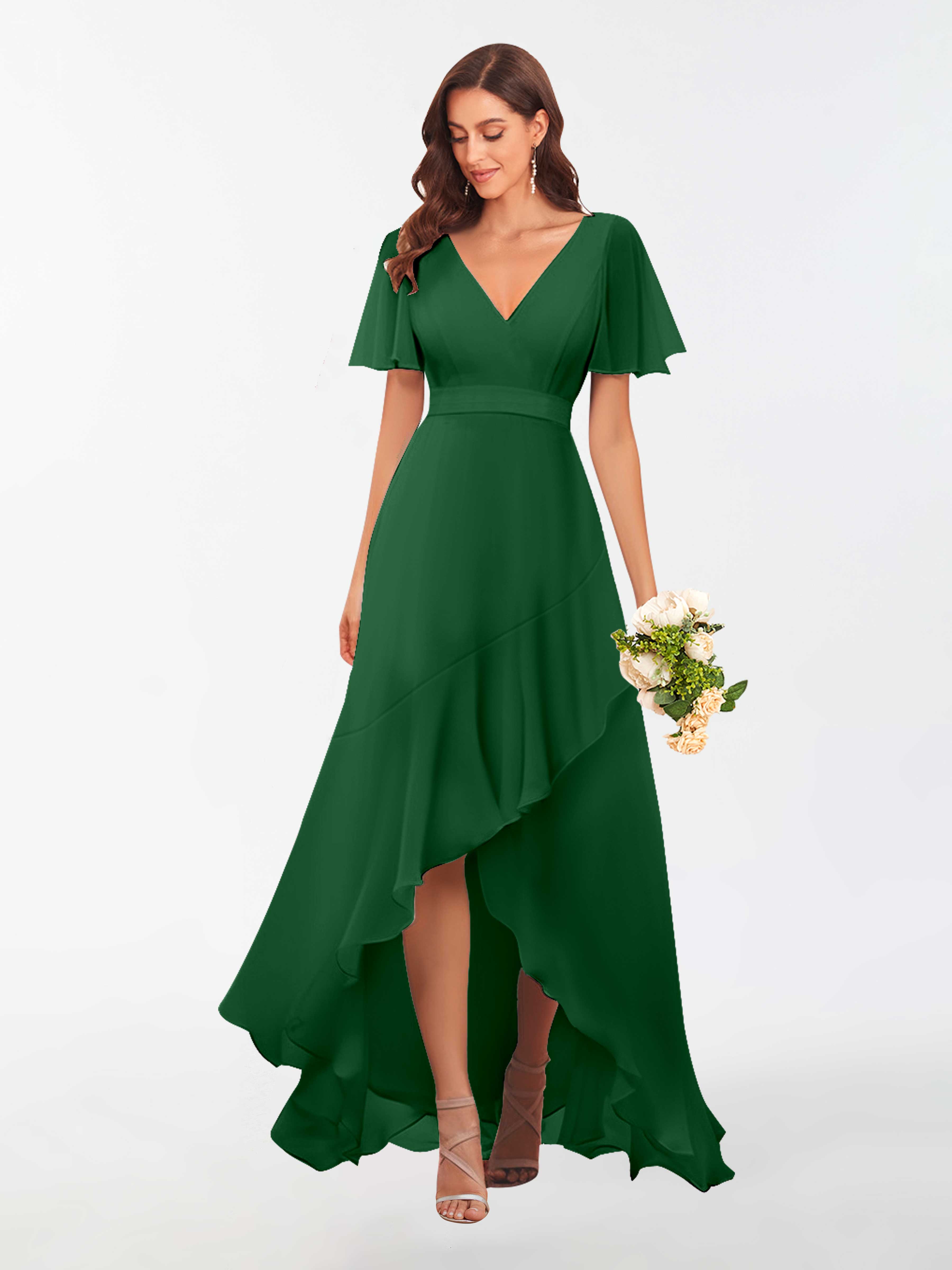 Diana Modest A Line Ruffles Short Sleeves Chiffon Bridesmaid Dresses