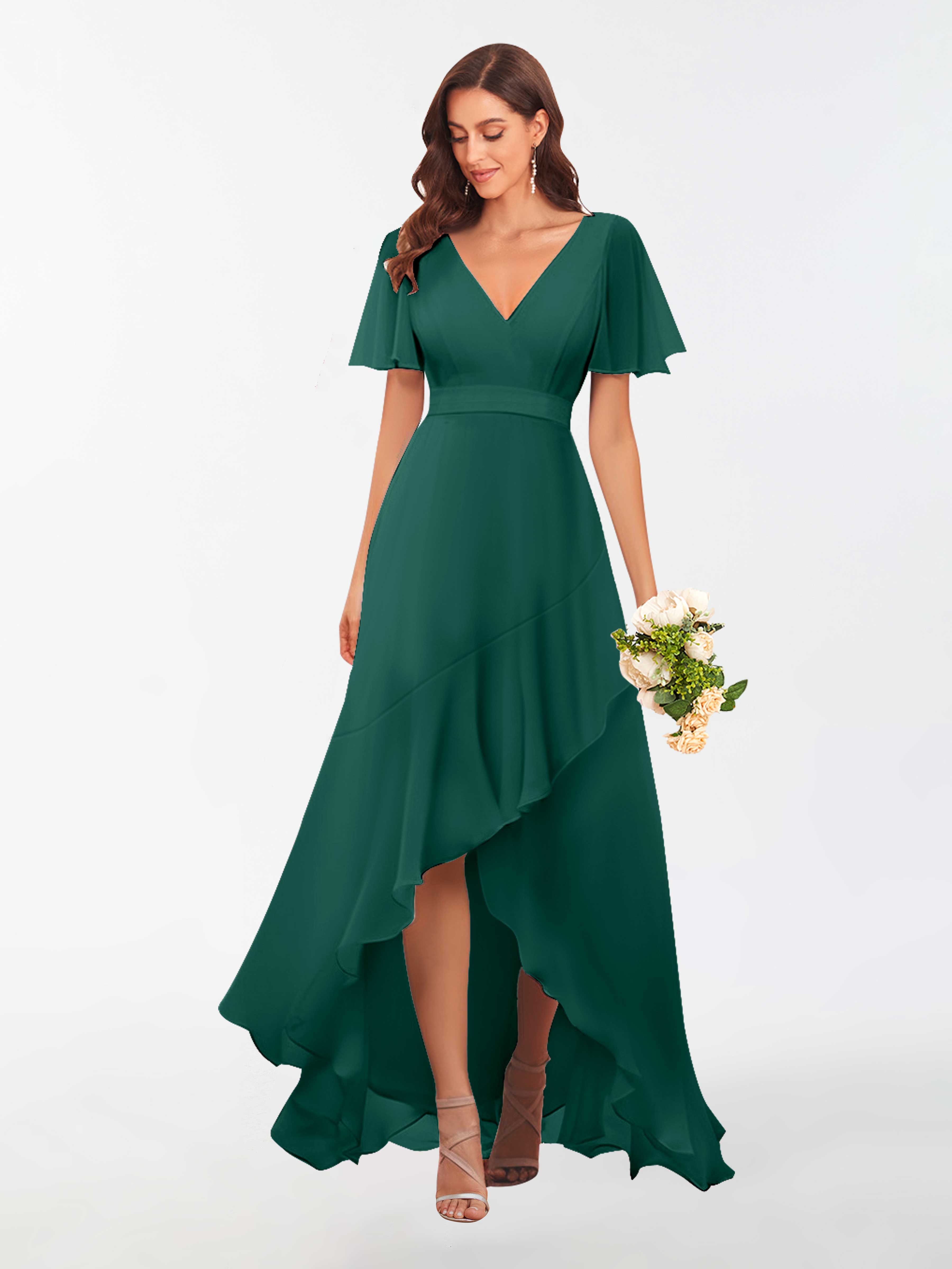 Diana Modest A Line Ruffles Short Sleeves Chiffon Bridesmaid Dresses