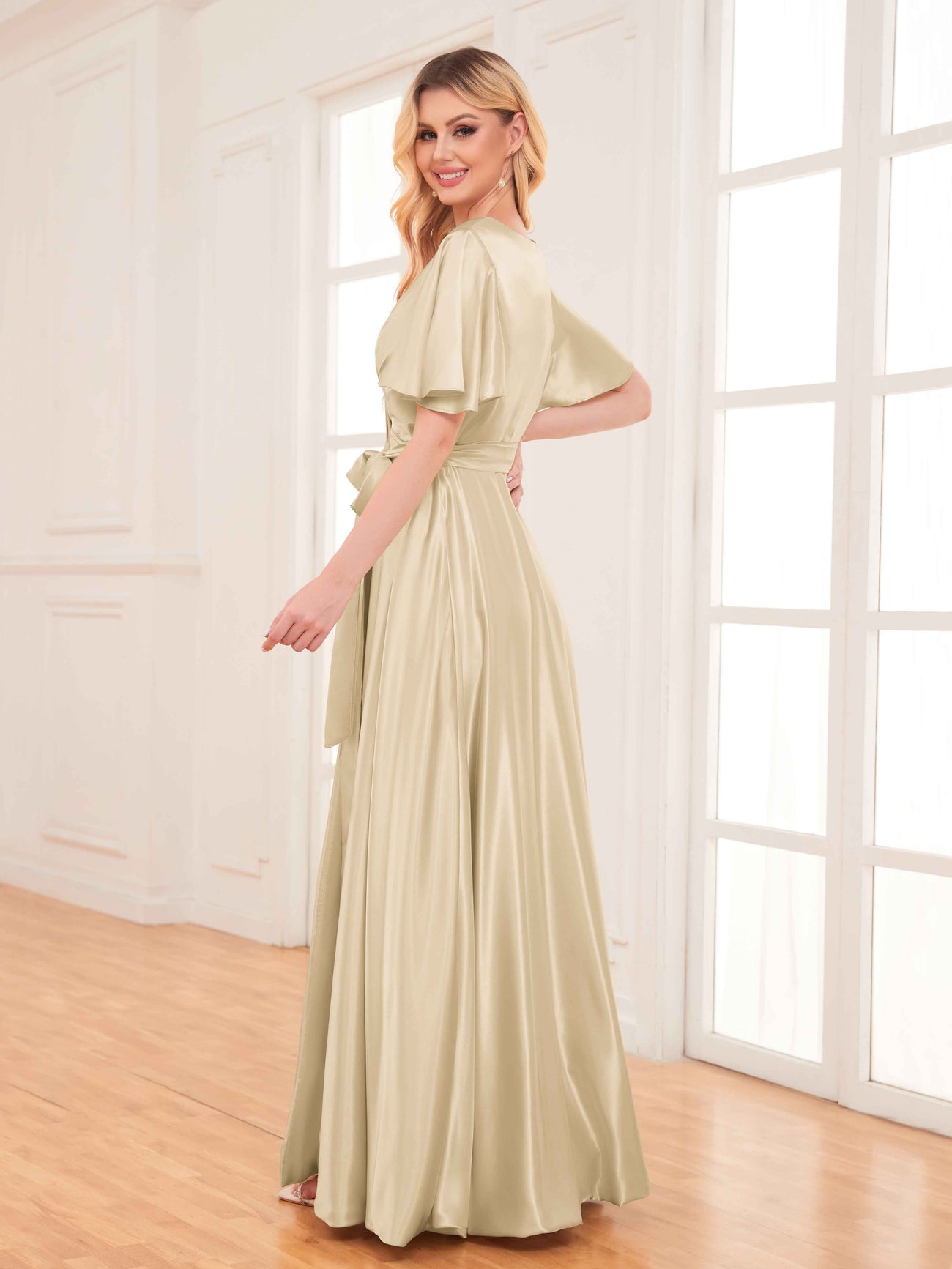 Freya Charming A-Line Wrap Slit Long Satin Bridesmaid Dresses