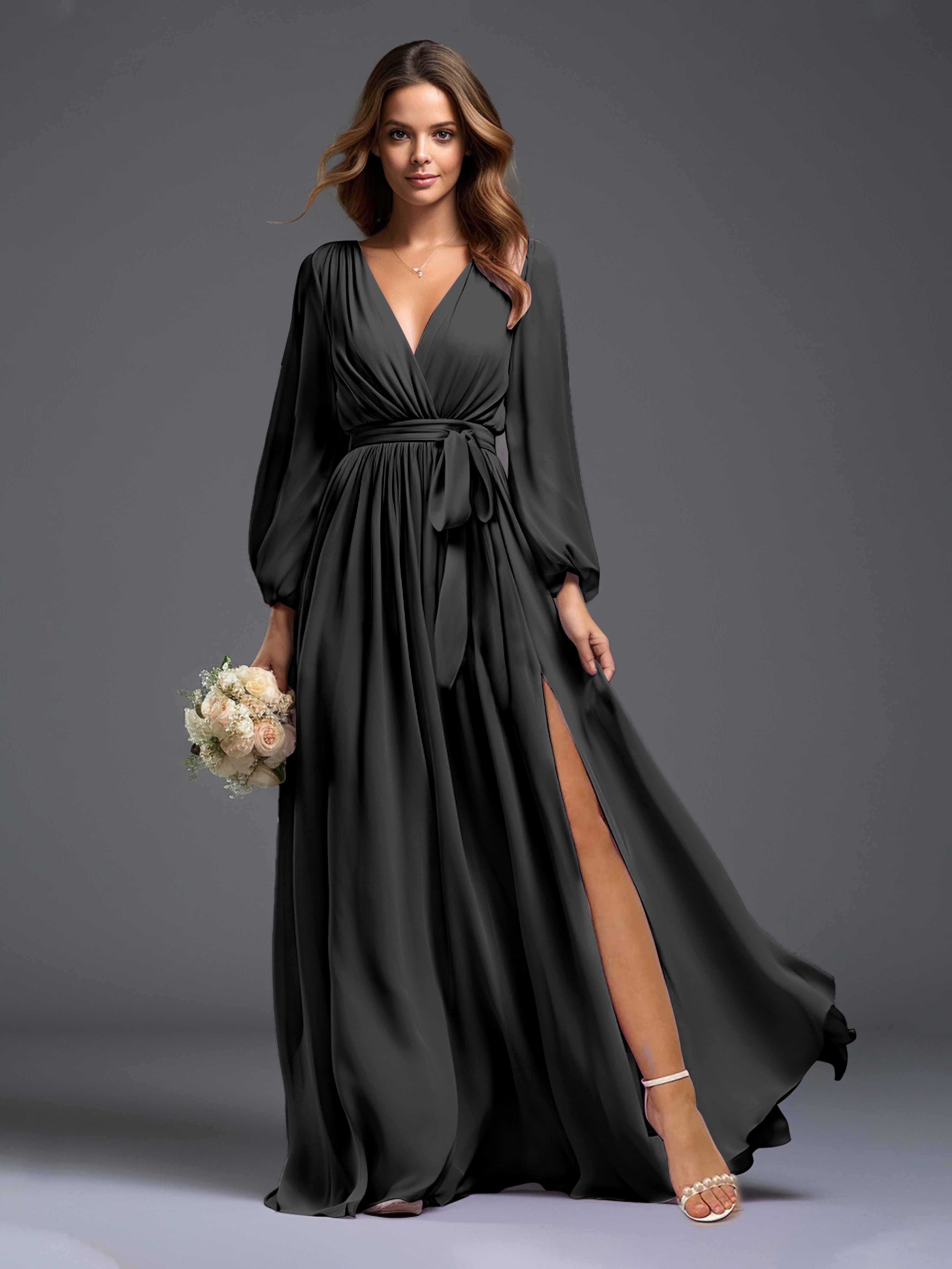 Leila Gorgeous V Neck Long Sleeves Chiffon Dresses