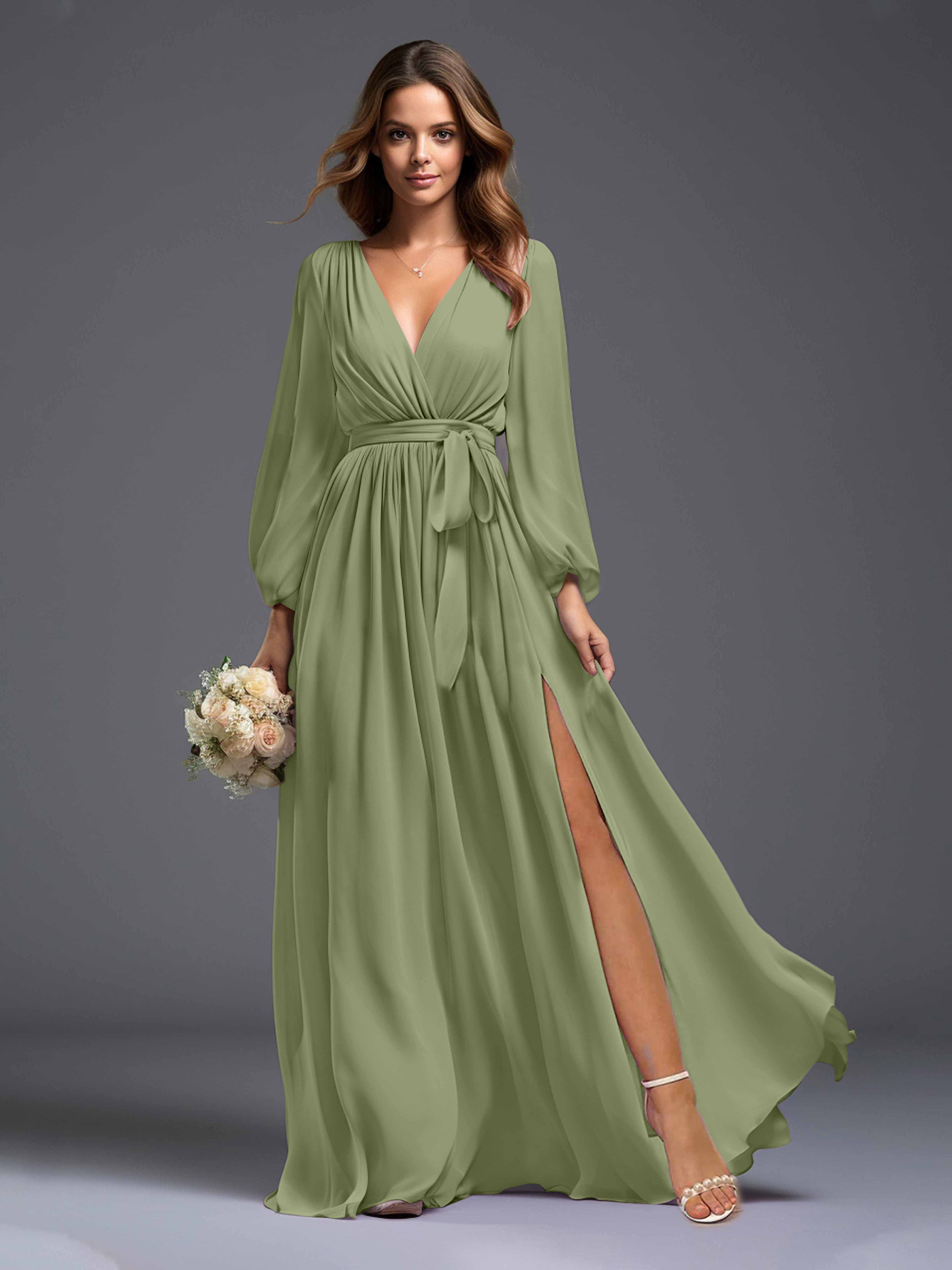 Leila Gorgeous V Neck Long Sleeves Chiffon Dresses