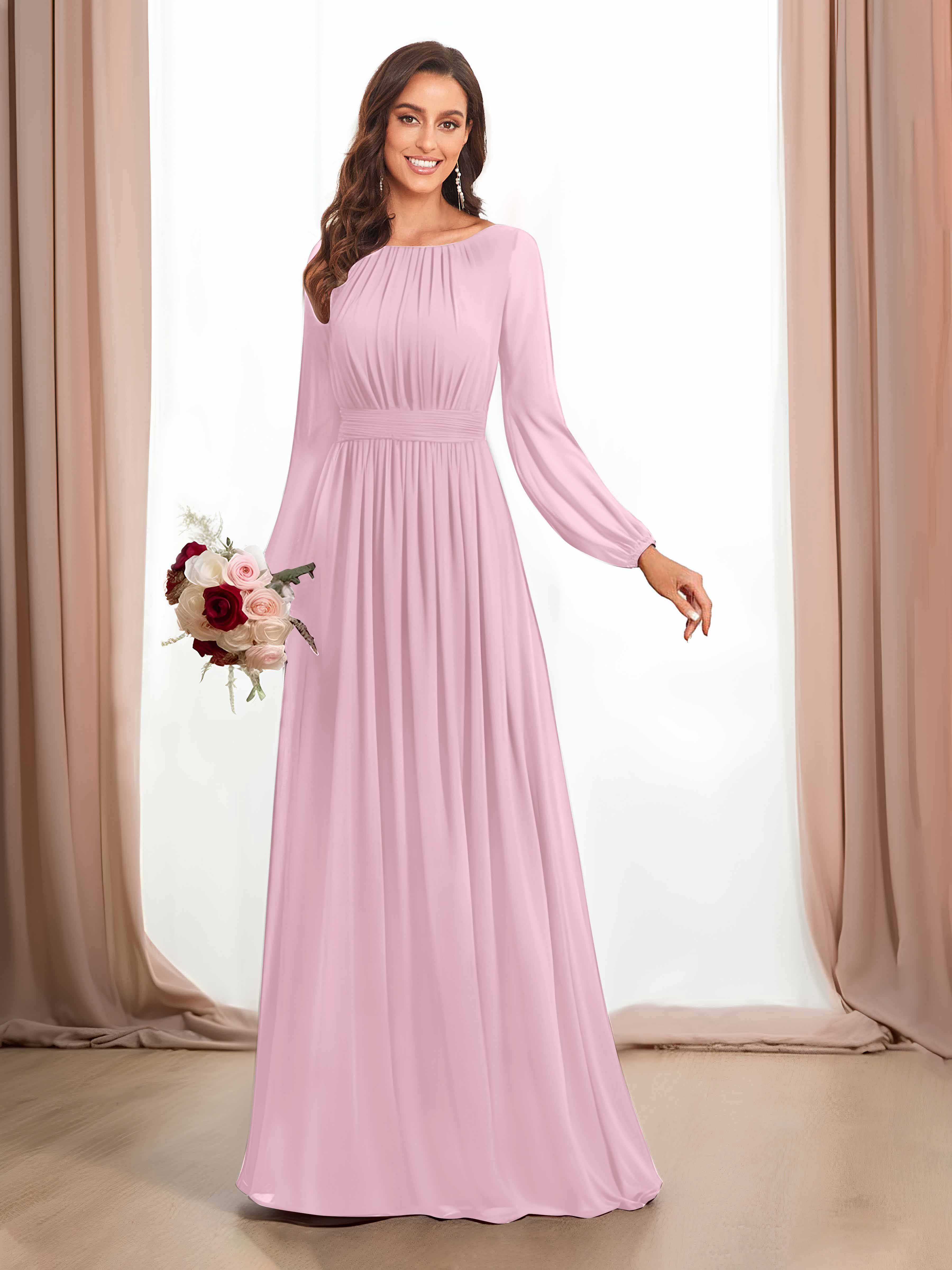 Lila Flowing Bateau Long Sleeves Chiffon Bridesmaid Dresses