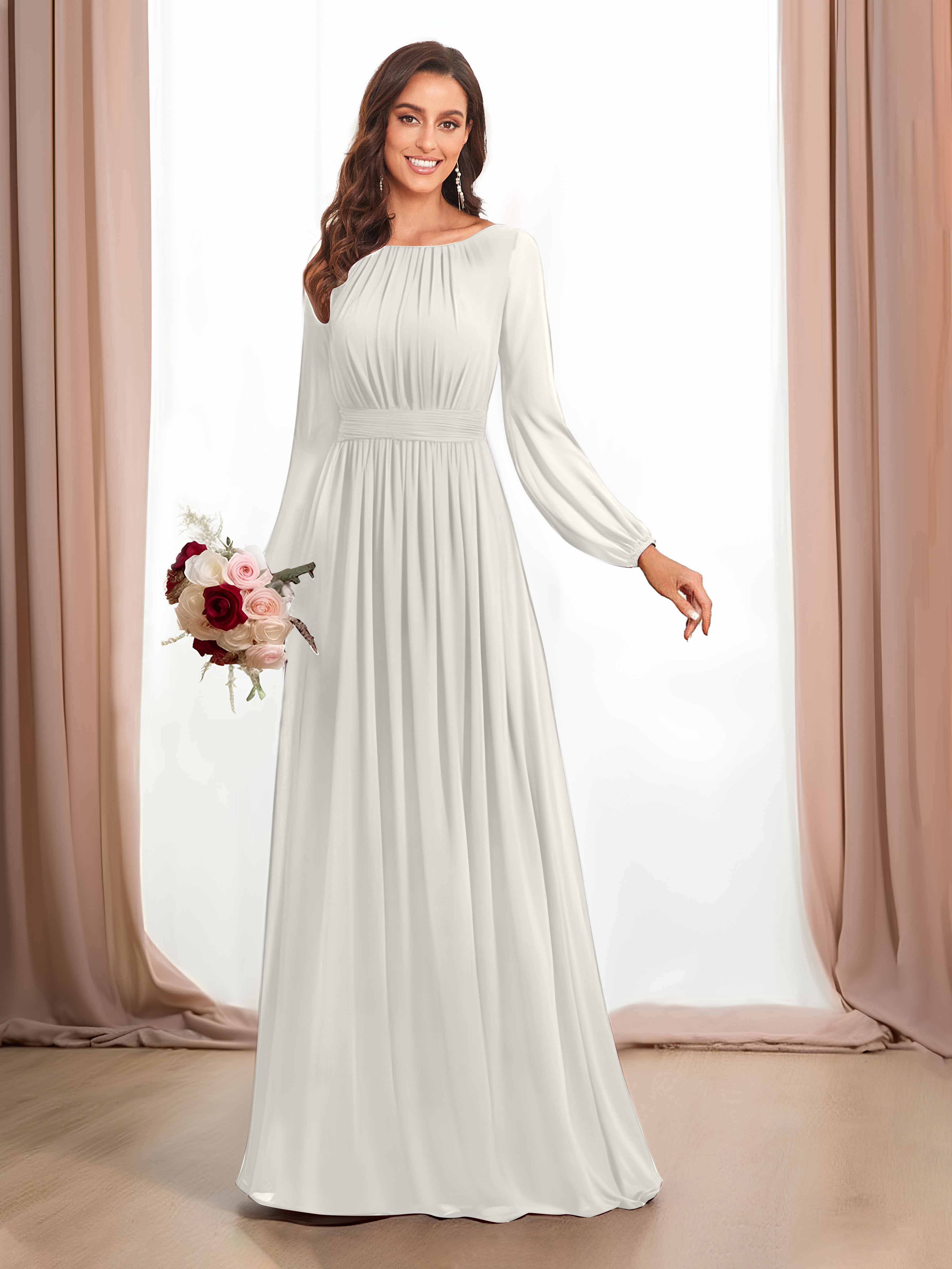 Lila Flowing Bateau Long Sleeves Chiffon Bridesmaid Dresses