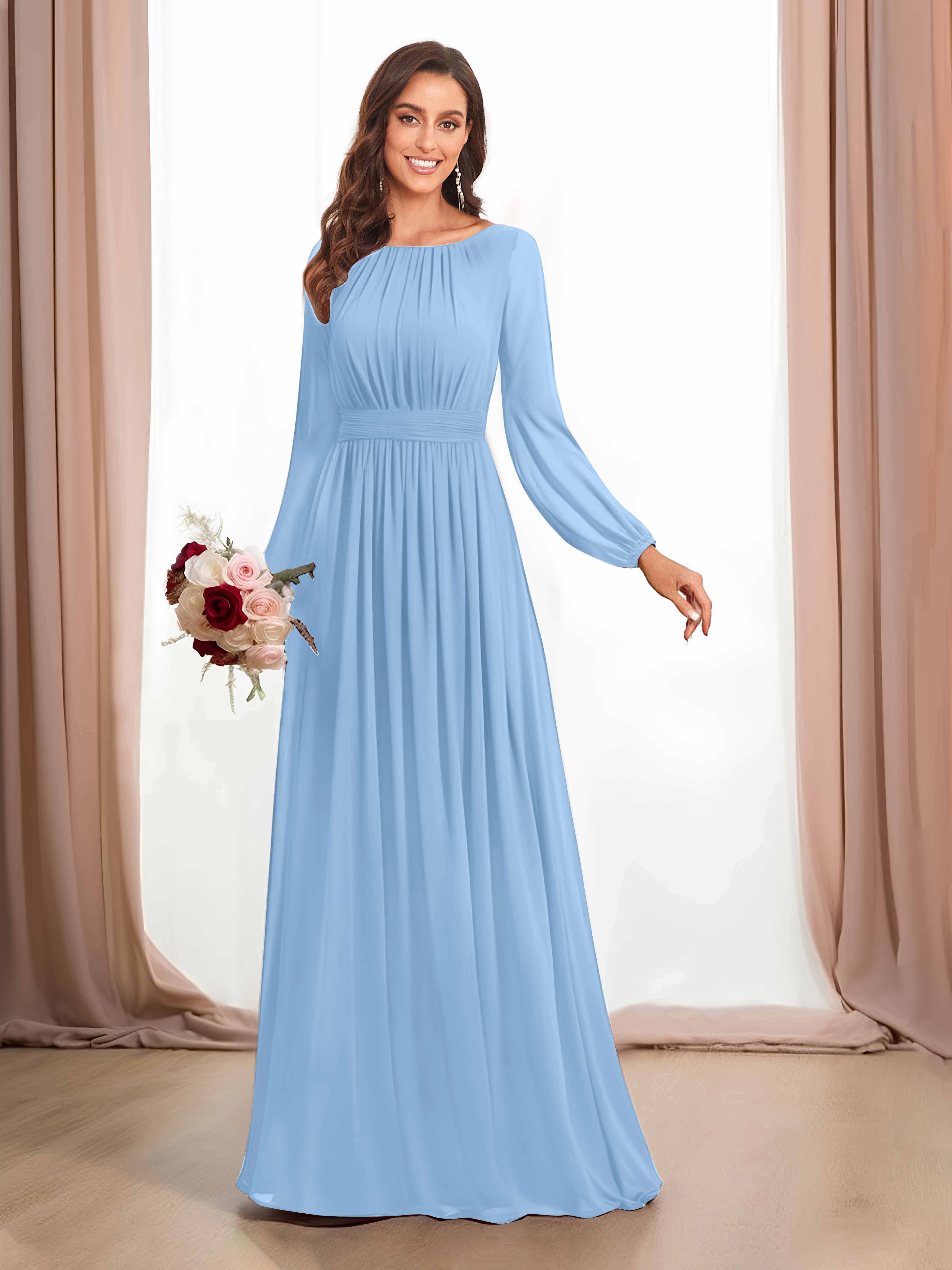 Lila Flowing Bateau Long Sleeves Chiffon Bridesmaid Dresses