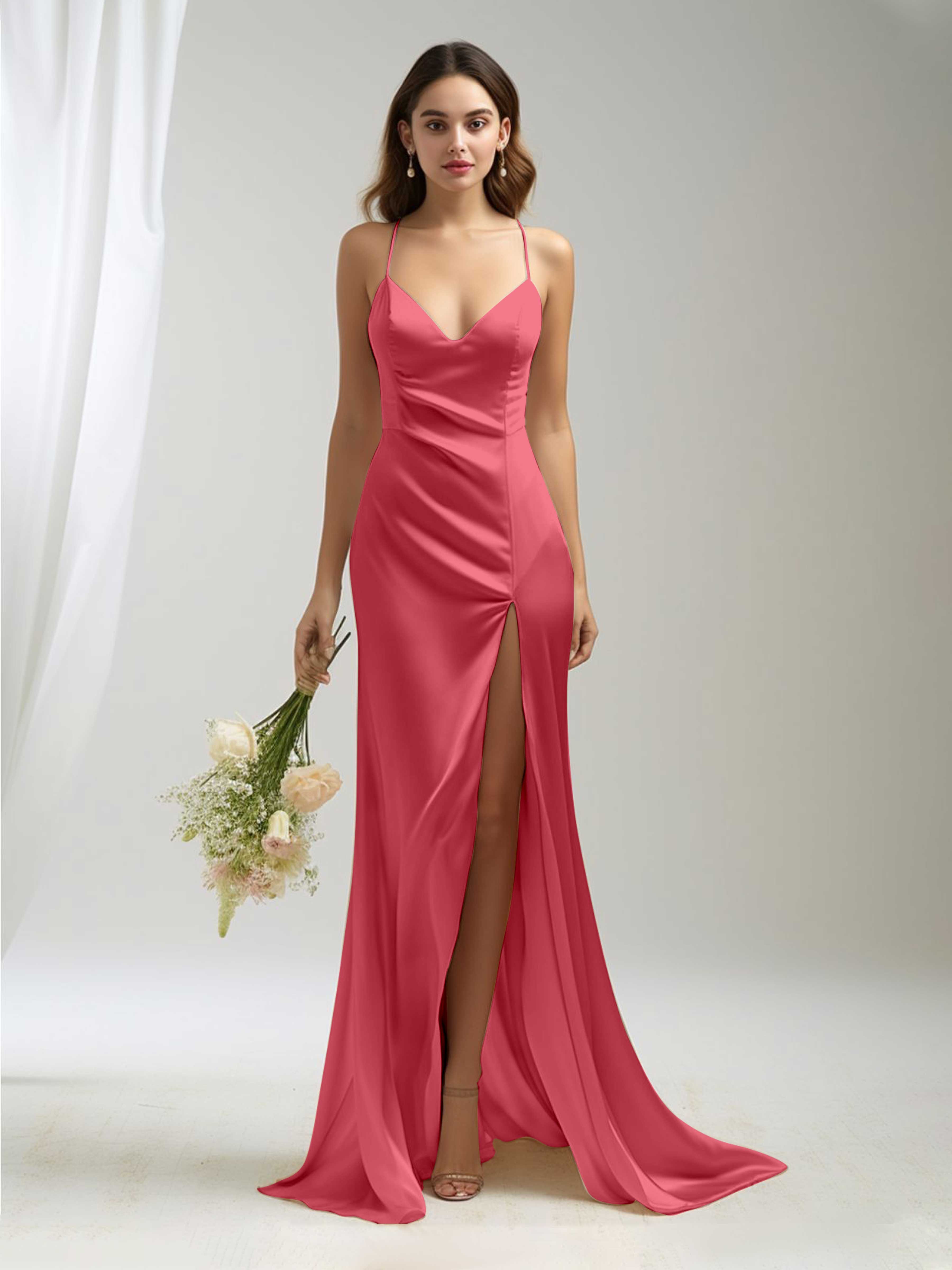 Lilah Stylish Spaghetti Straps Open Back Satin Formal Party Dresses