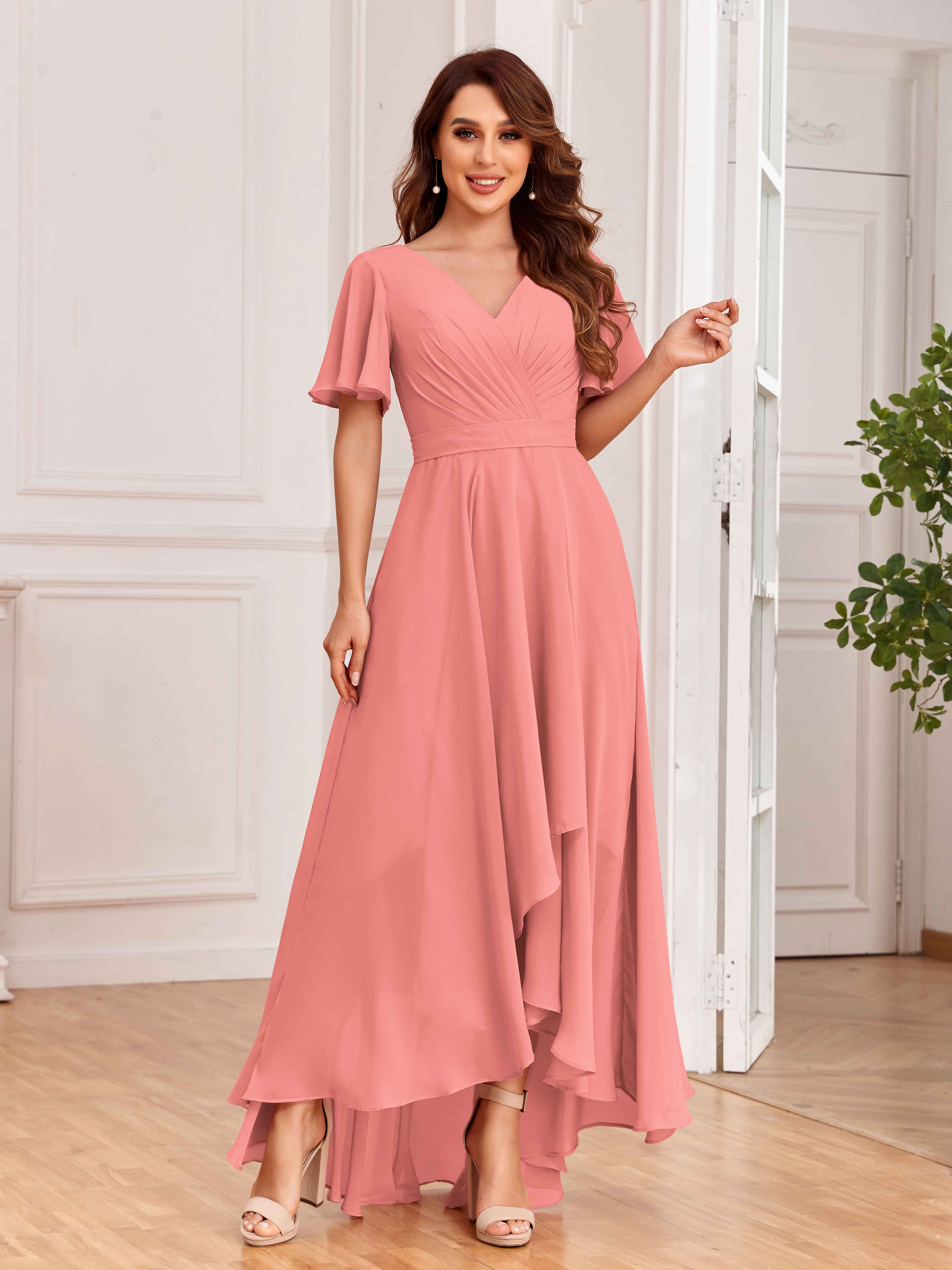 High low 2024 coral bridesmaid dress