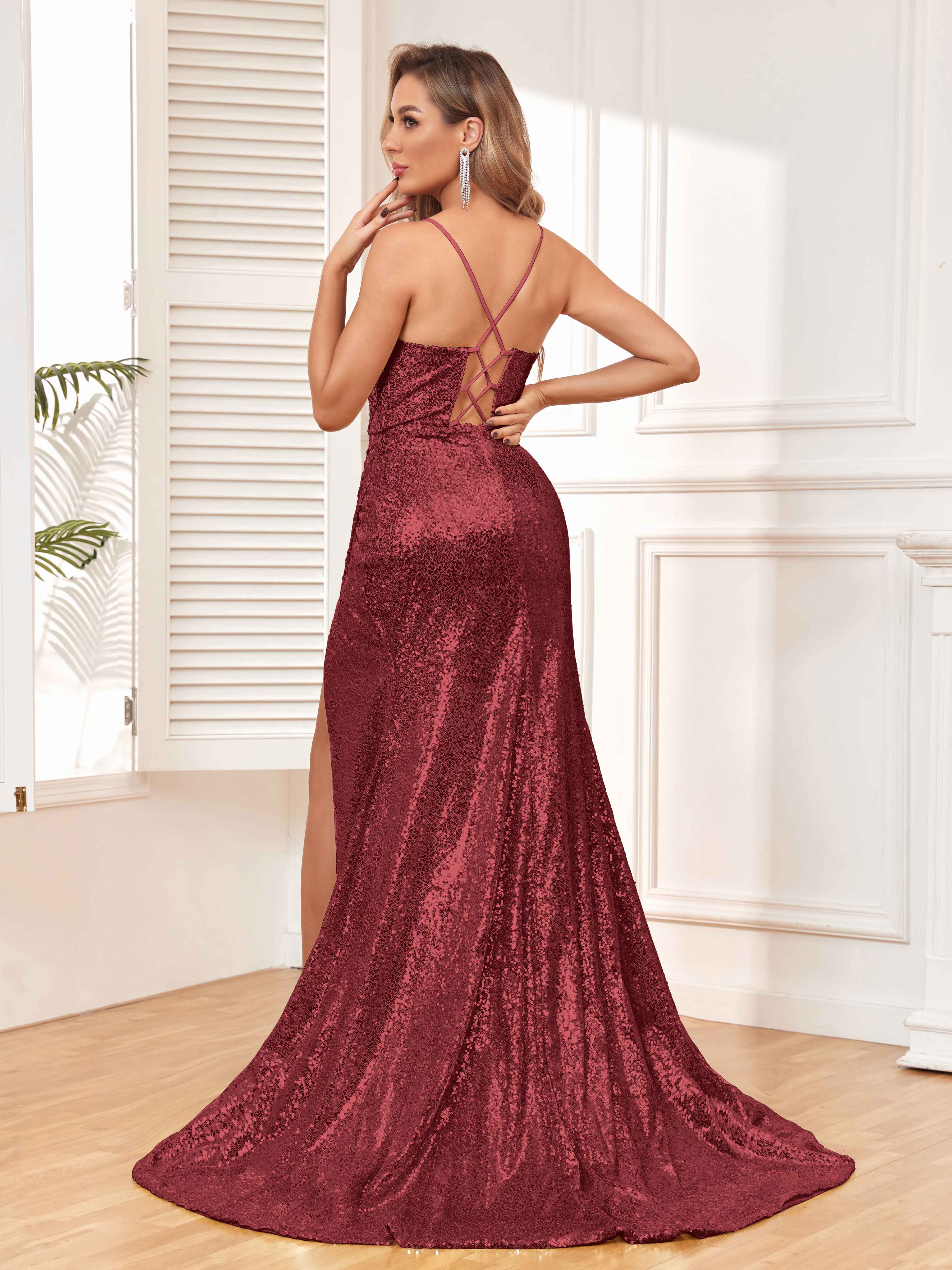 Maria Sexy High Slit Trumpet Sequin Party Dresses