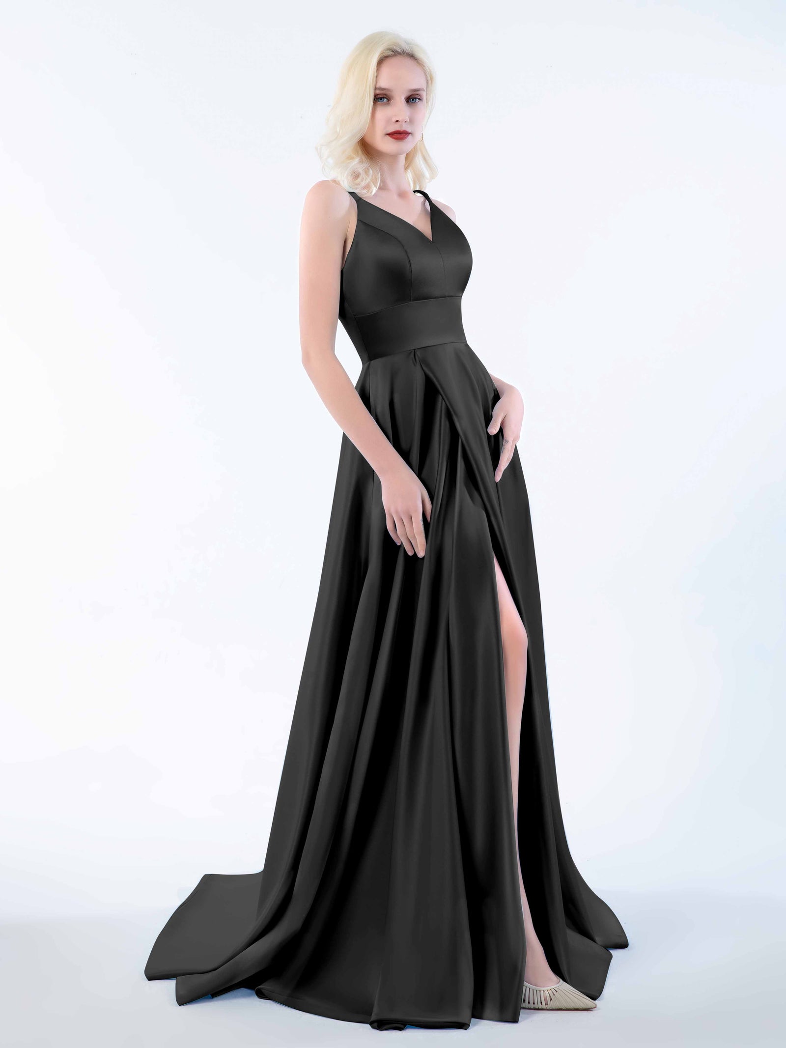 Trendy Black Satin Sleeveless Corset Slit Evening Dress Y5082