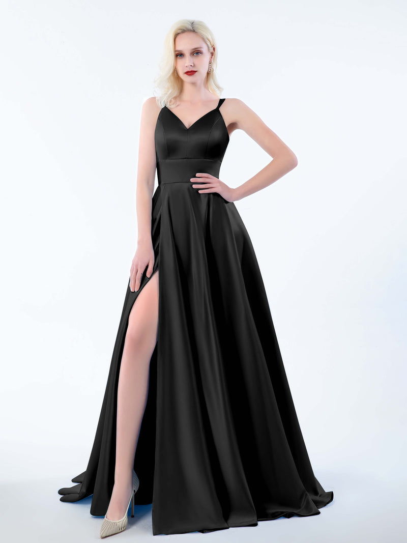 V-Neck Stretch Satin Slimming Dress With Slit Black main image 1