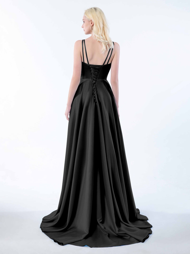 A-line Beaded V-neck Pleated Corset Dress With Slit Black