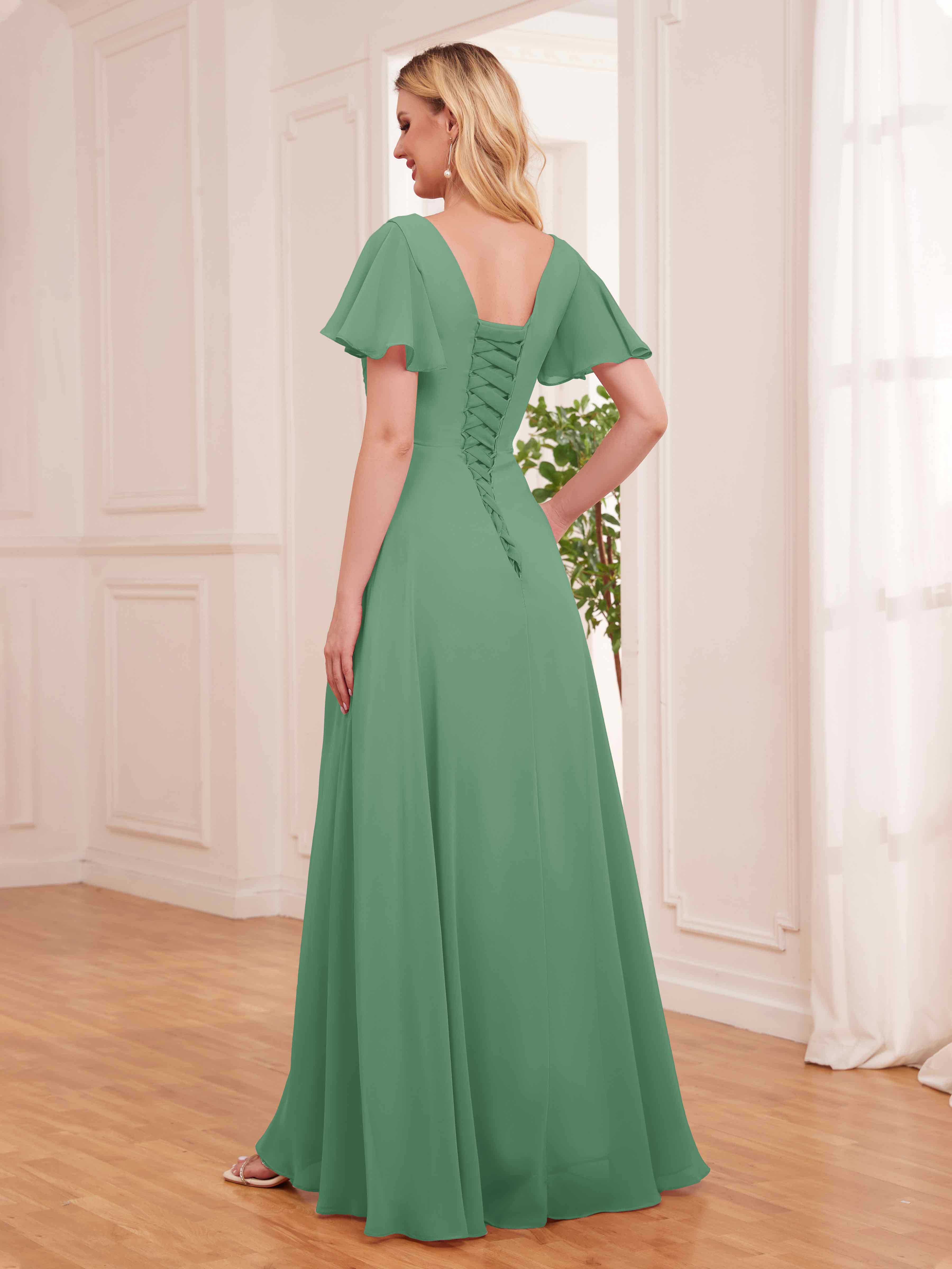 Modest Bridesmaid Gown With Slit Eucalyptus High-Low Chiffon Bridesmaid Dress With Sleeves - V-Neck Ruffle Evening Gown With Slit Green Dress David's Bridal Modest Bridesmaid Gown With Slit Eucalyptus High-Low Chiffon Bridesmaid Dress With Sleeves - V-Neck Ruffle Evening Gown With Slit Green Dress David's Bridal