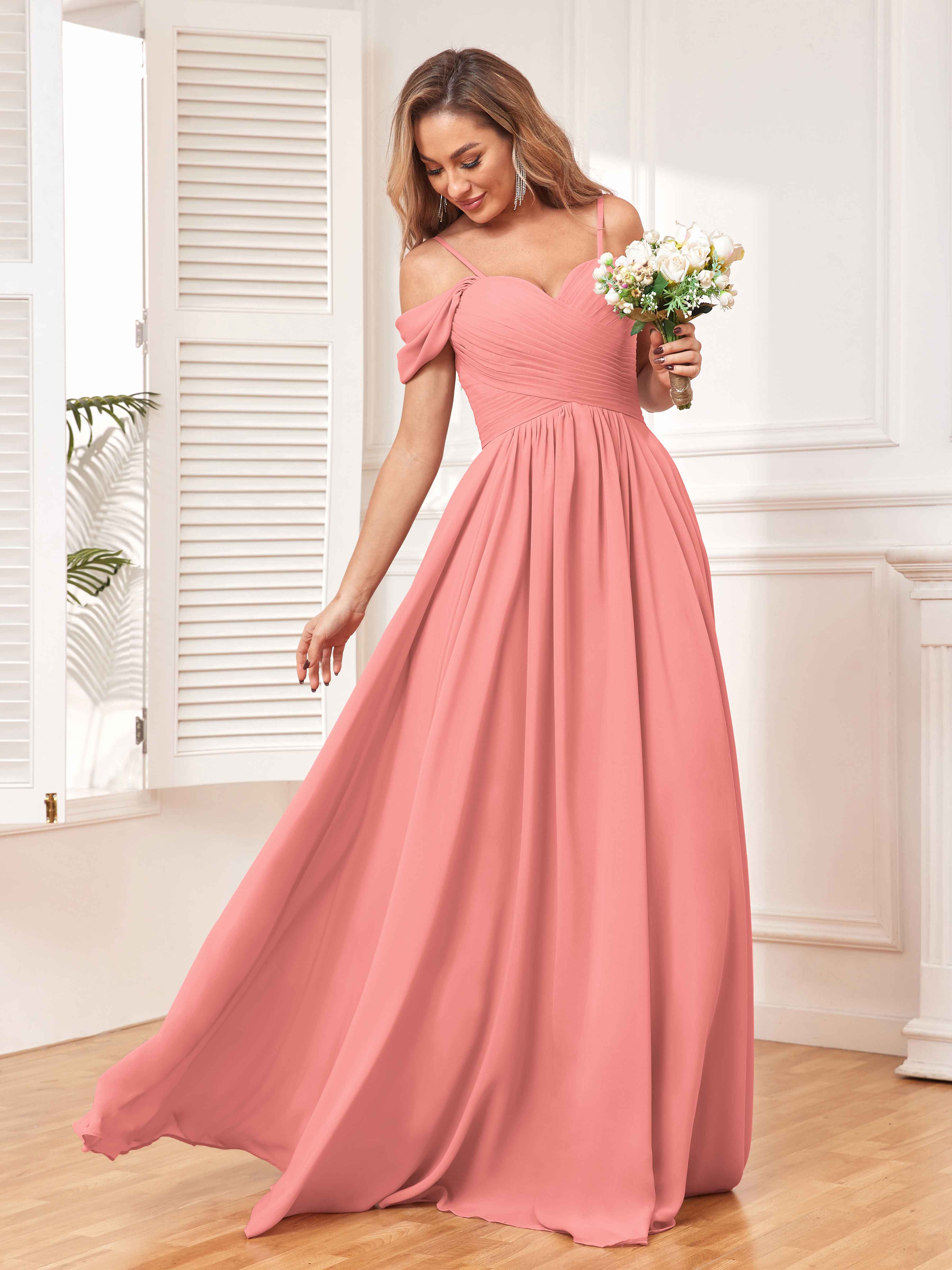 Ruby A Line Spaghetti Straps Ruched Long Chiffon Bridesmaid Dresses