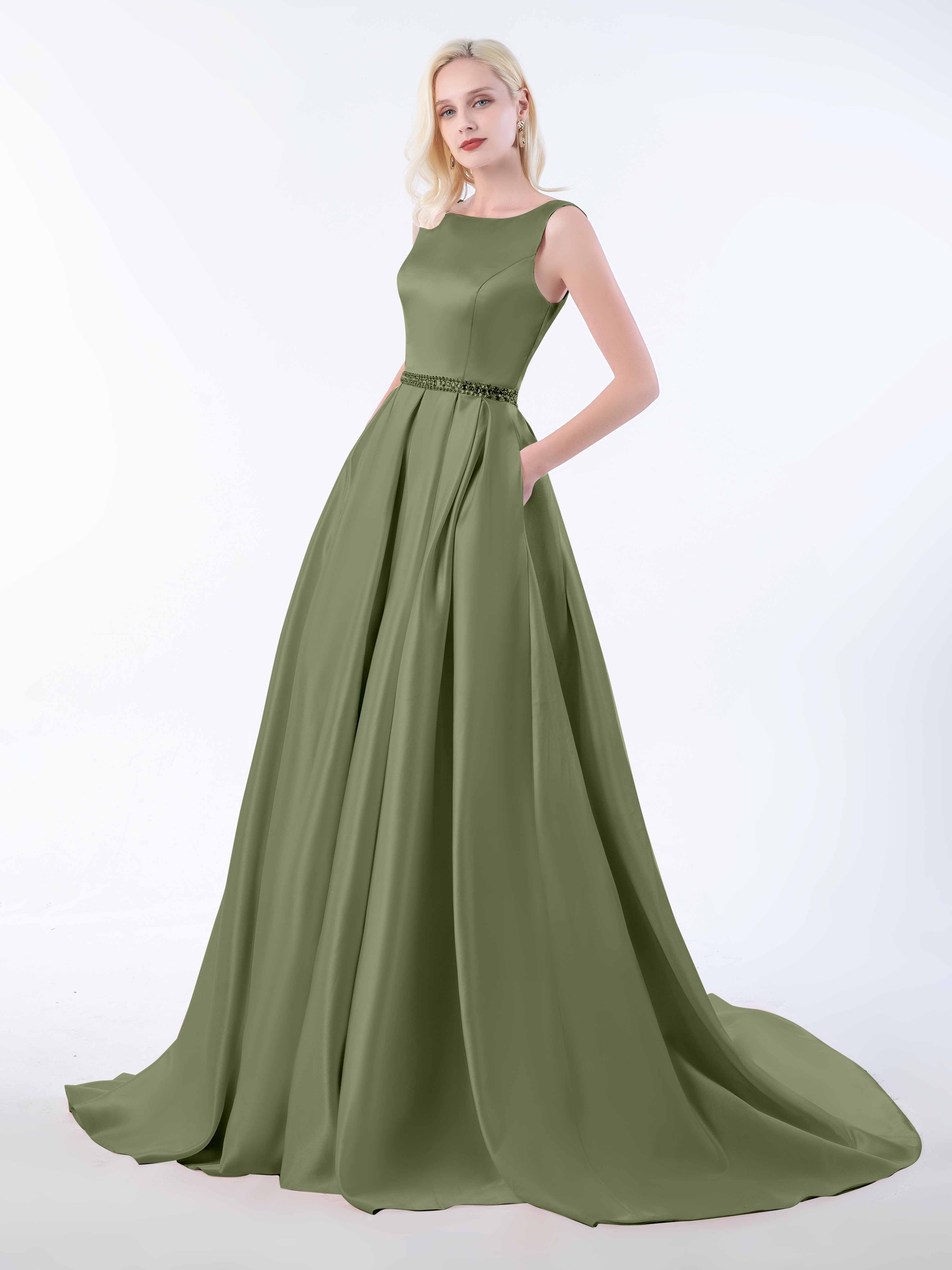 Ruth Modern Bateau Beading Belt Satin Dresses