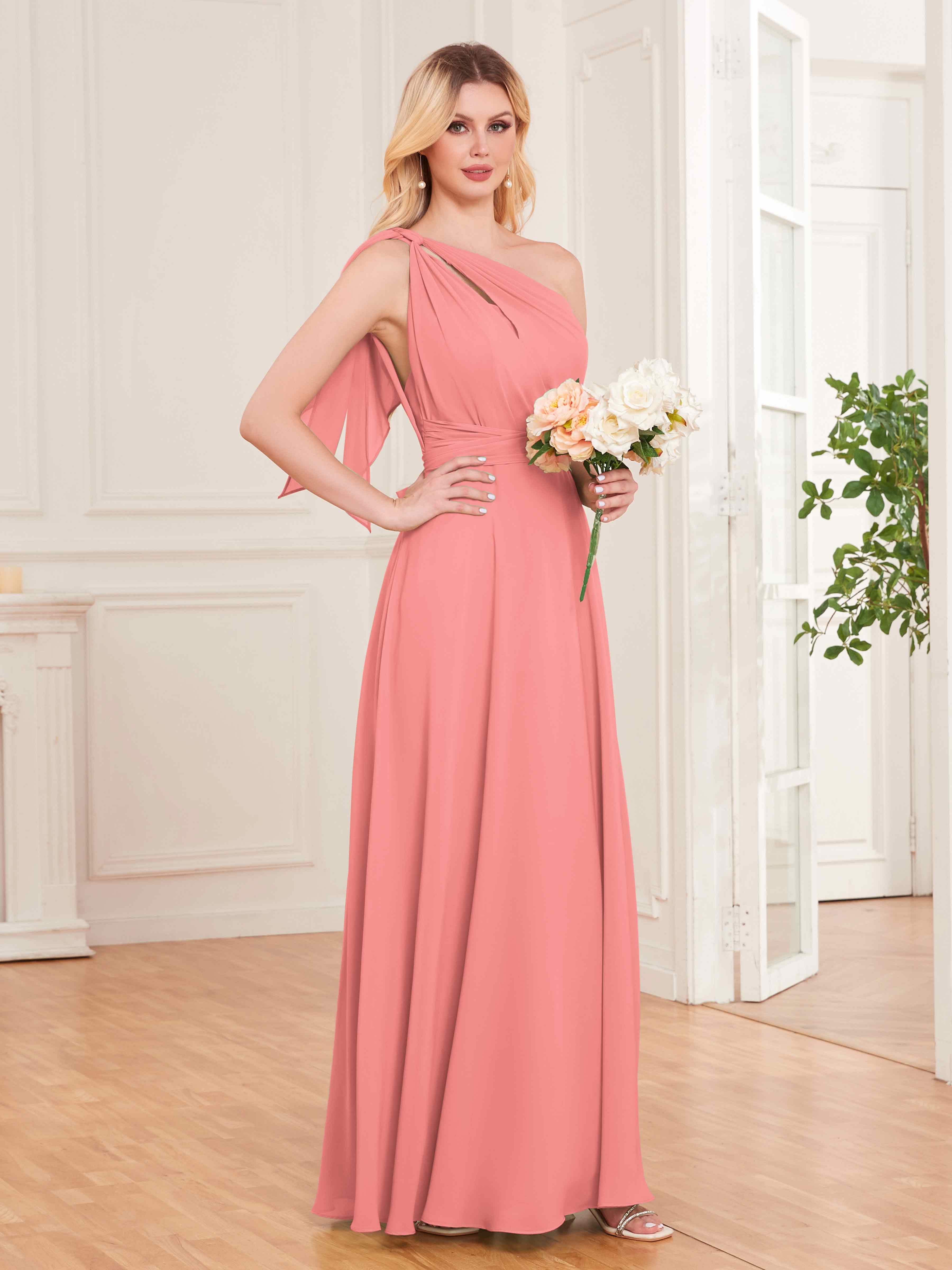 Pink one shoulder bridesmaid dress best sale