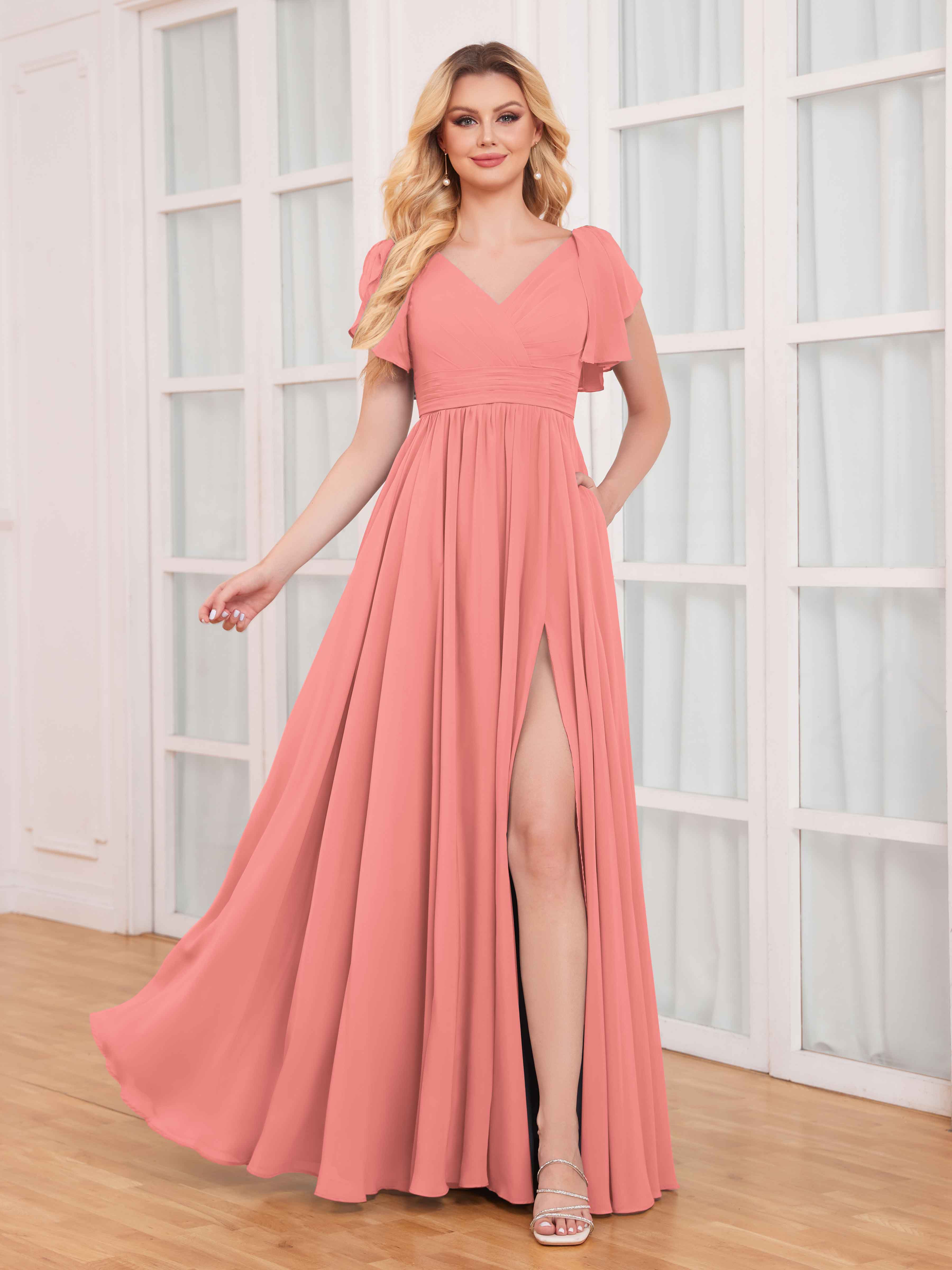 Coral Bridesmaid Dress w/ outlet Pockets